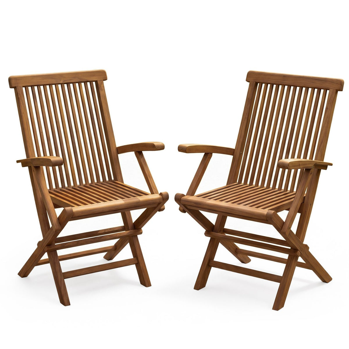 Pair of wooden folding armchairs facing inward against a white background.