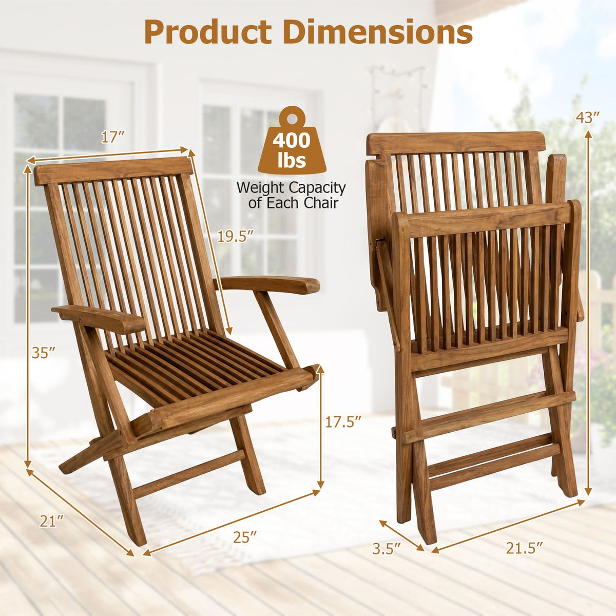 Two views of a wooden folding chair with arrows marking its dimensions.