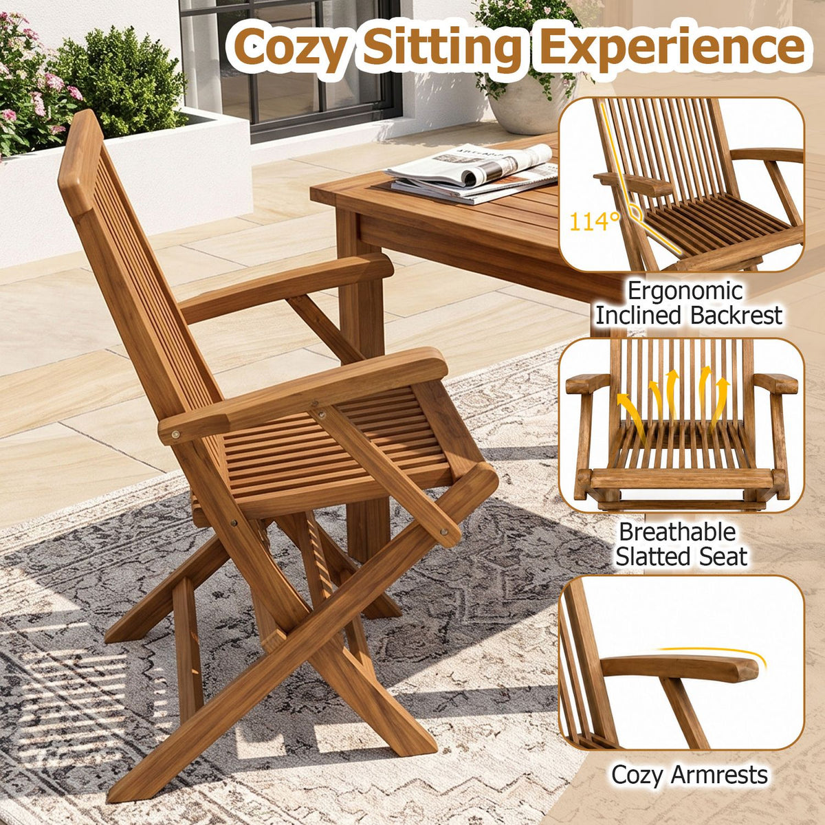 A wooden folding chair shown from the side, with close-ups of its slatted seat and armrest.