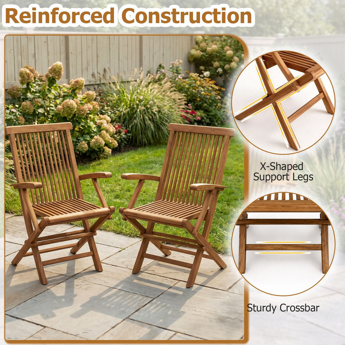Two wooden folding chairs outdoors, with close-ups of the crossed supports and lower crossbar.