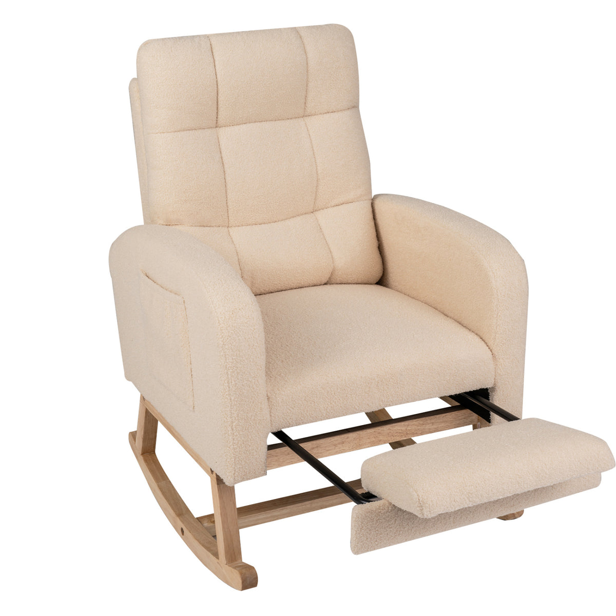 Front three-quarter view of beige upholstered rocking chair and footrest