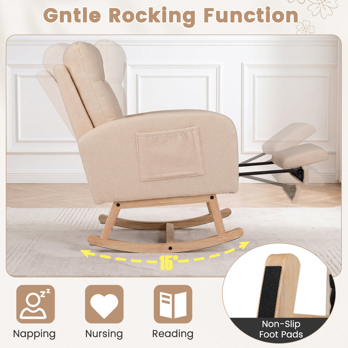 Side view graphic showing beige chair rocking with extended footrest