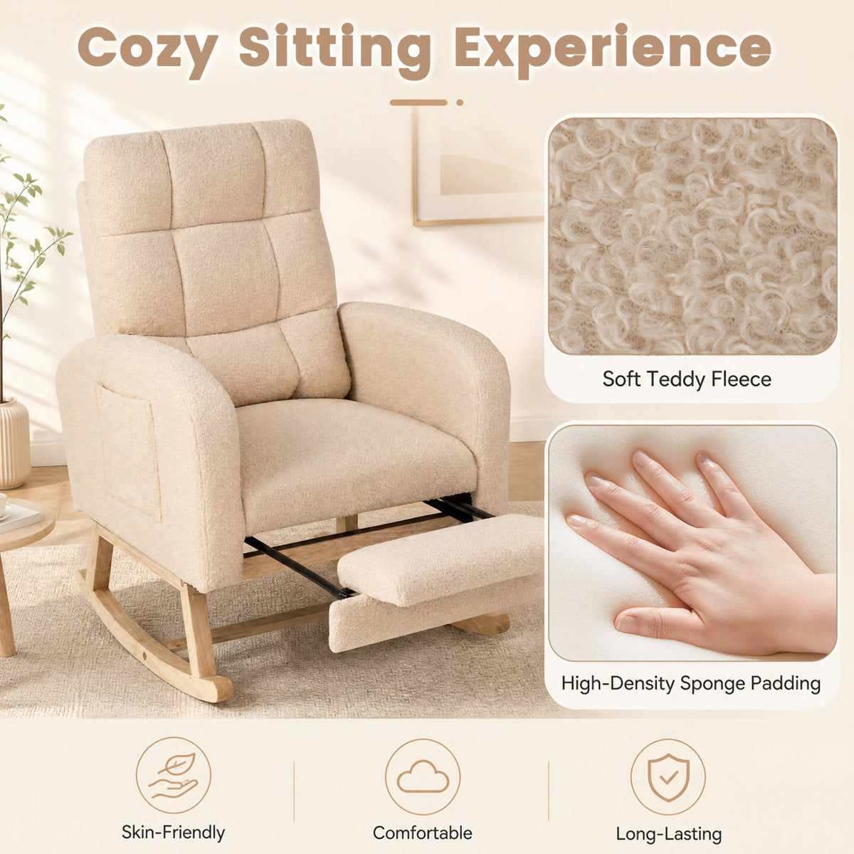 Beige rocking chair with its footrest extended, shown beside close-ups of the textured upholstery and padded surface.