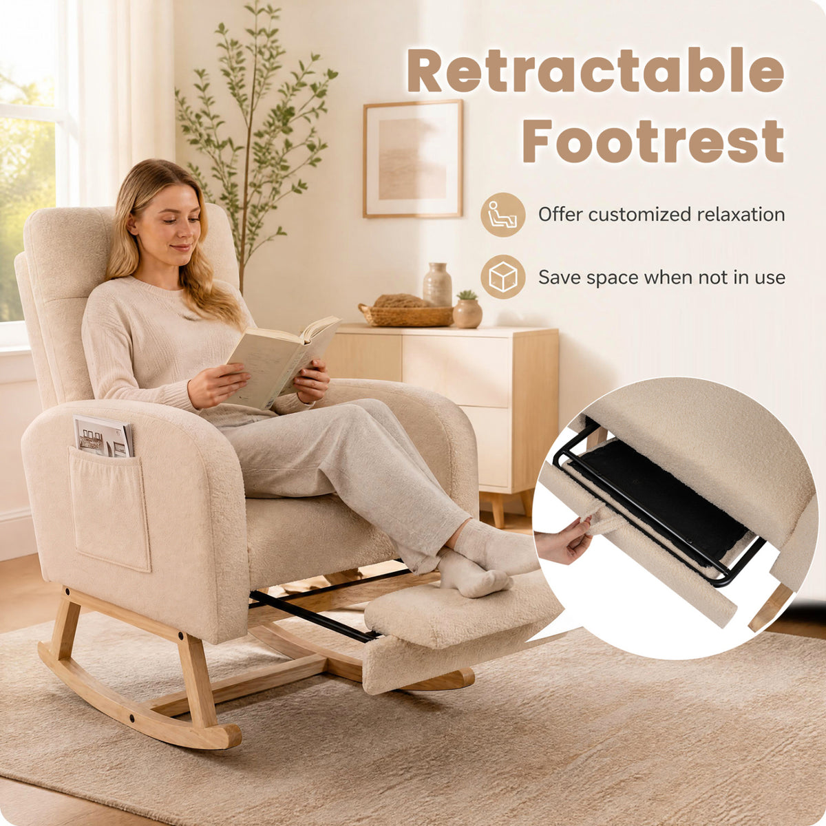 A woman reads in a beige rocking chair with the footrest extended; an inset shows the footrest mechanism.