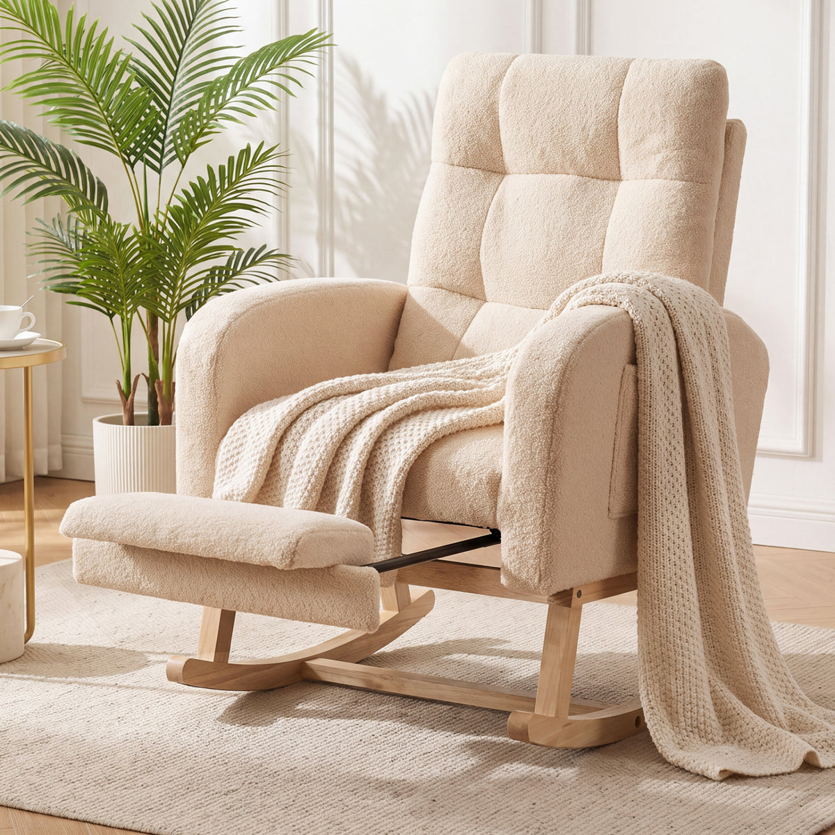 Beige teddy fleece rocking chair with footrest in a bright room