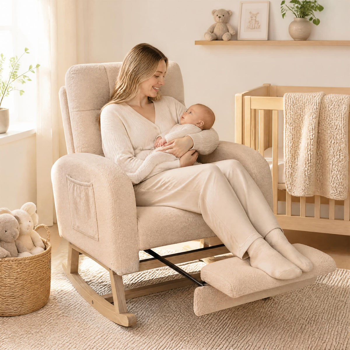 Beige rocking chair with extended footrest beside a nursery crib