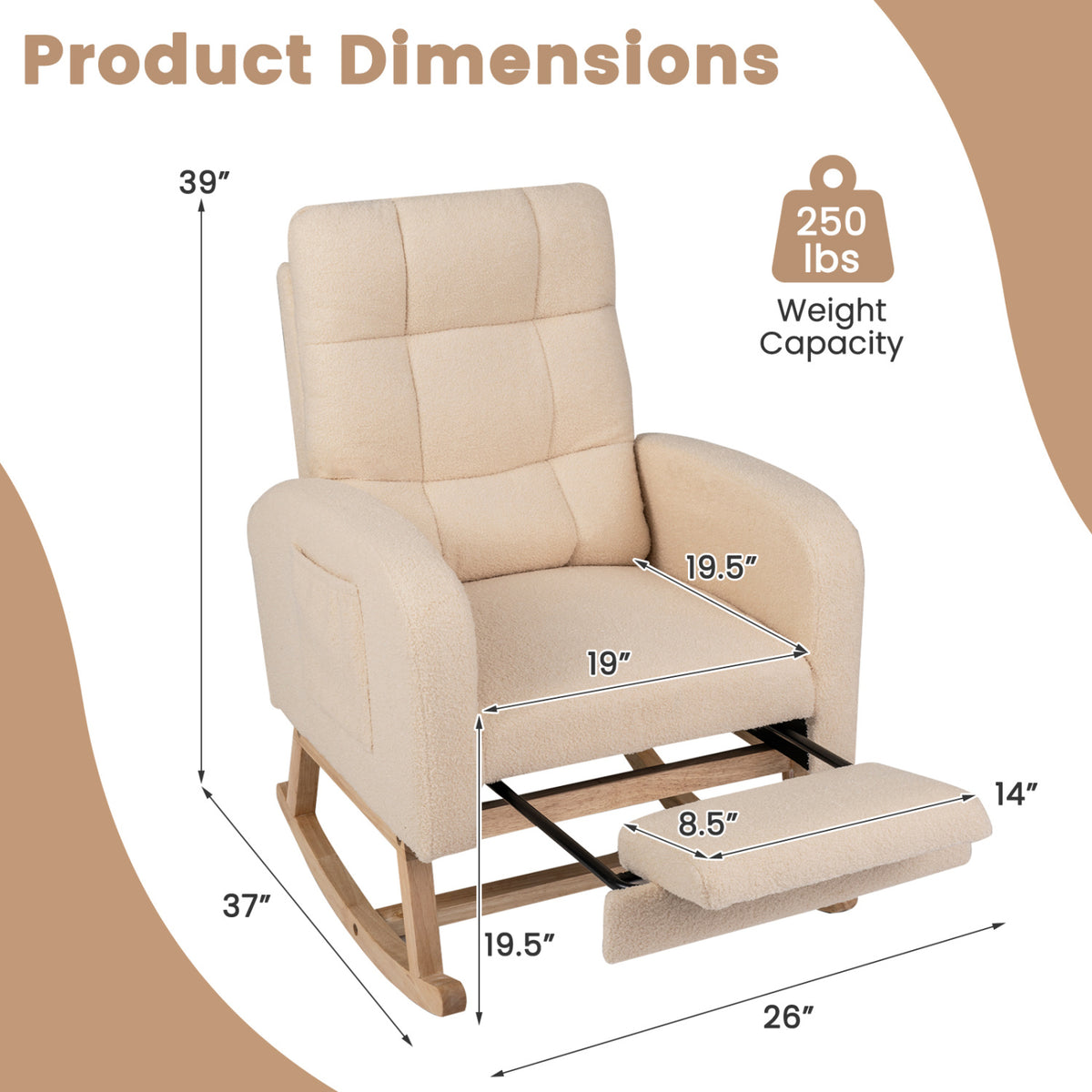 Beige rocking chair dimension graphic with measurements and capacity