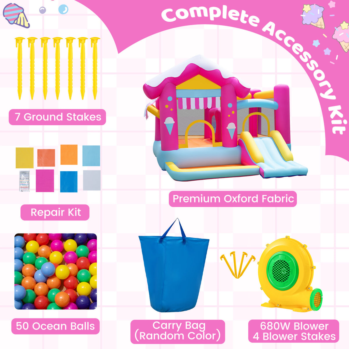 The bounce house is pictured with ground stakes, a repair kit, colorful balls, a blue carry bag and a blower.