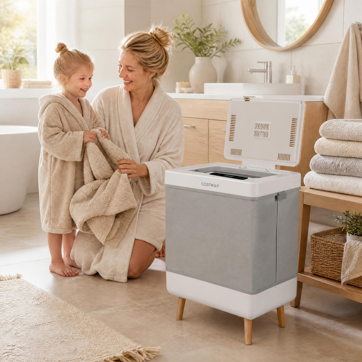 Towel Warmer Bucket with Foldable Design and Auto Shut Off for Bathroom, Natural