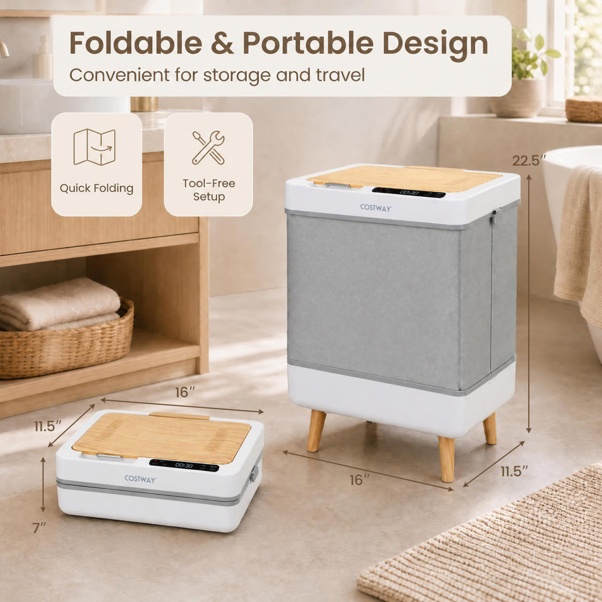 Towel Warmer Bucket with Foldable Design and Auto Shut Off for Bathroom, Natural