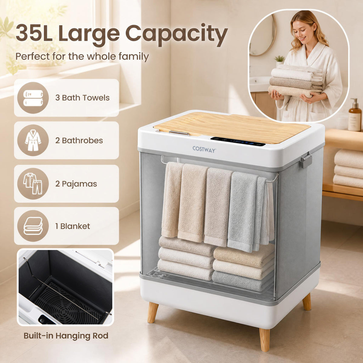 Towel Warmer Bucket with Foldable Design and Auto Shut Off for Bathroom, Natural
