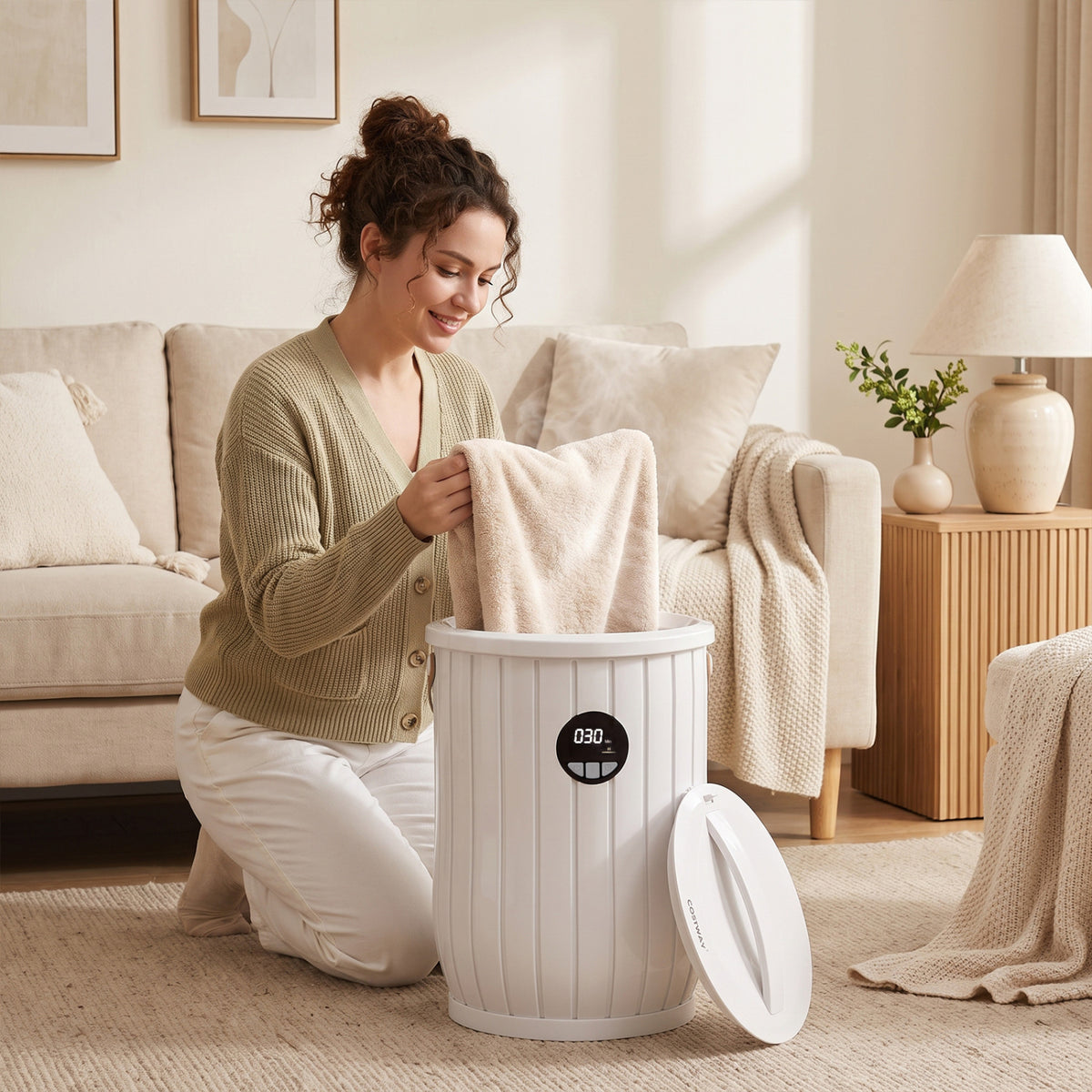 Towel Warmer Heated Bucket with Auto Shut Off and Fragrance Tray for Bathrooms, White
