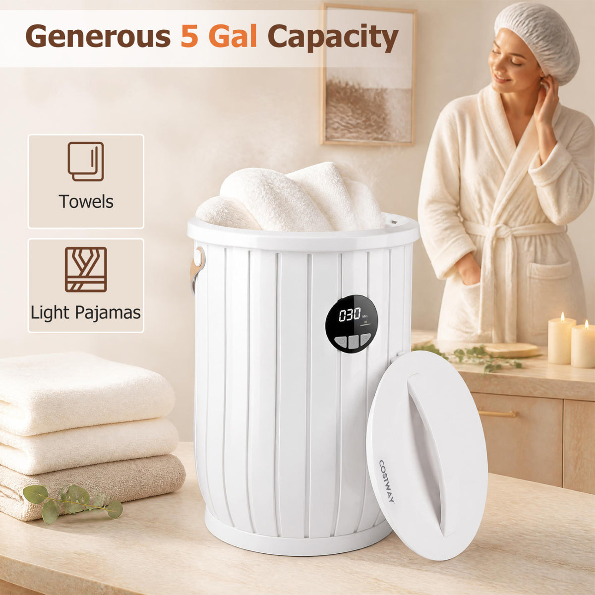 Towel Warmer Heated Bucket with Auto Shut Off and Fragrance Tray for Bathrooms, White