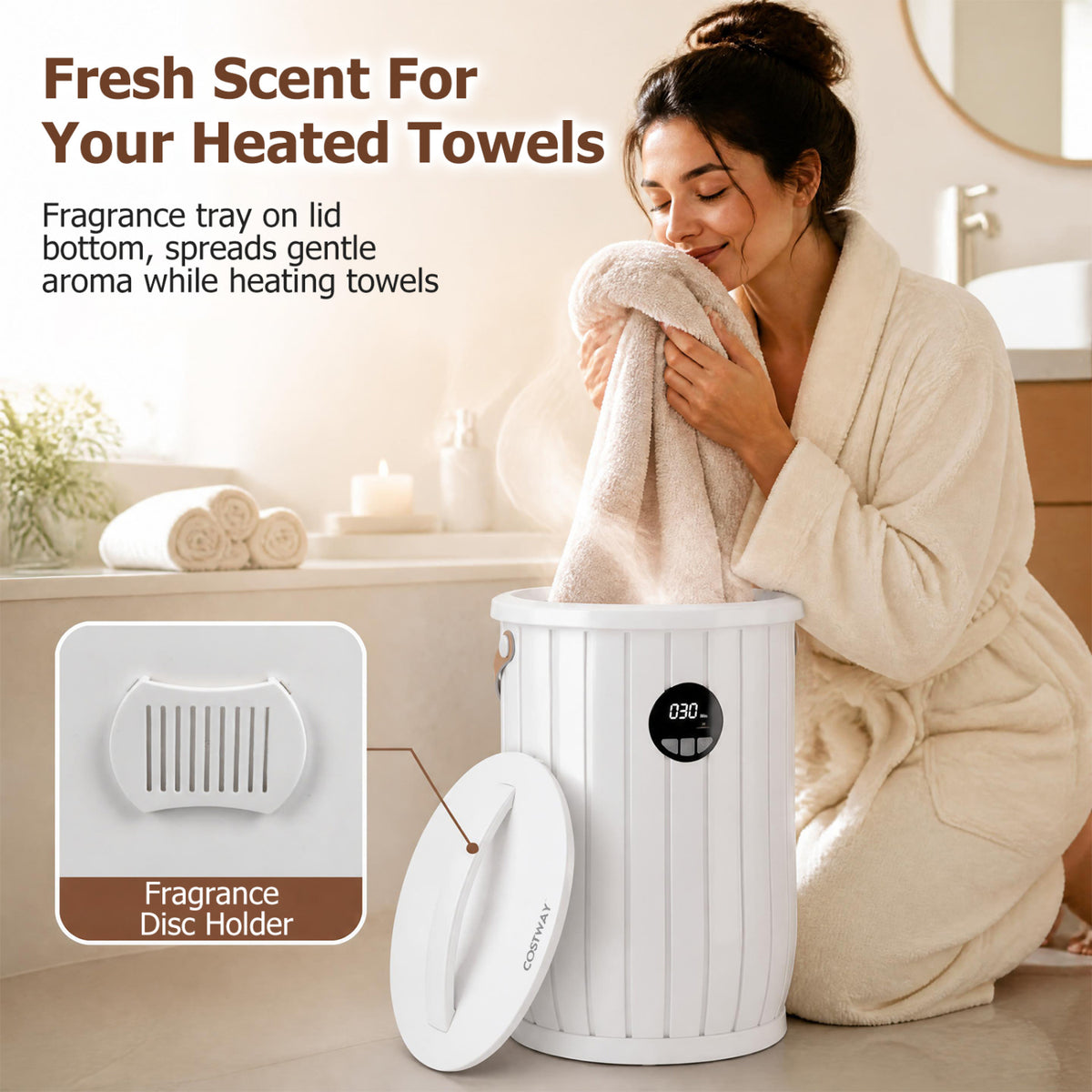 Towel Warmer Heated Bucket with Auto Shut Off and Fragrance Tray for Bathrooms, White