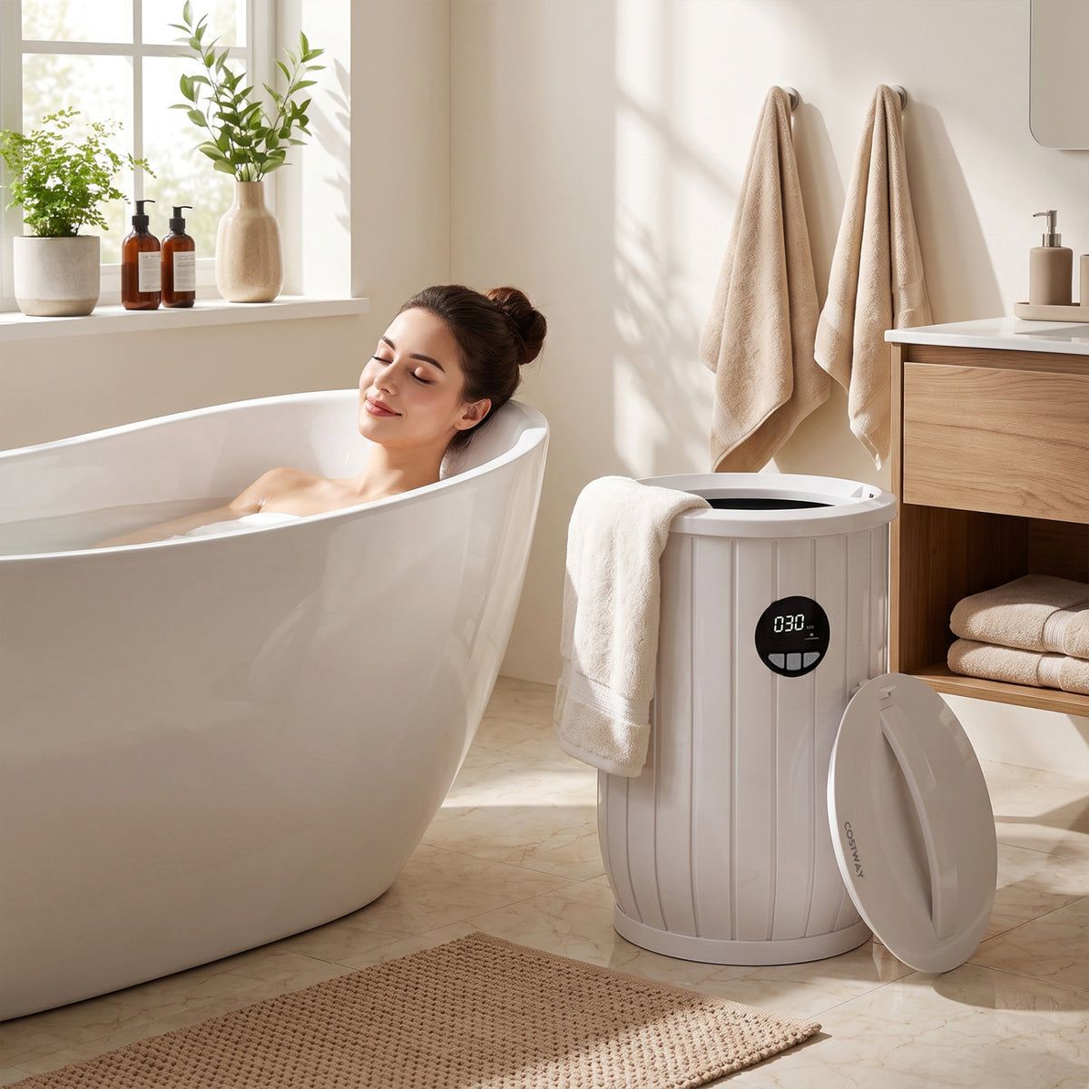 Towel Warmer Heated Bucket with Auto Shut Off and Fragrance Tray for Bathrooms, White