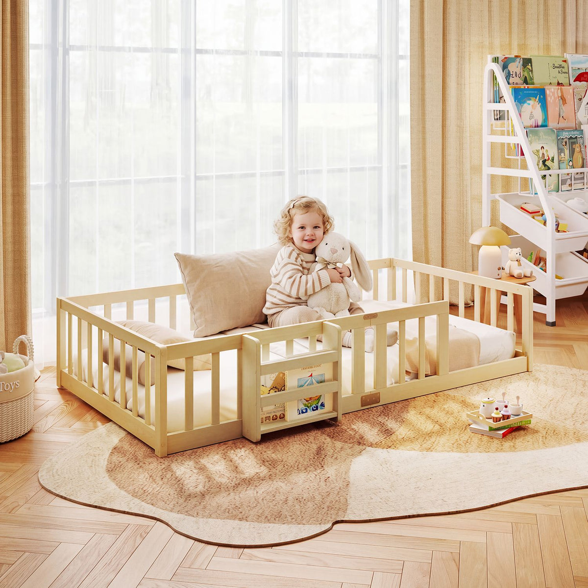 A child sits on a light wood floor bed with safety rails and a small front bookshelf.