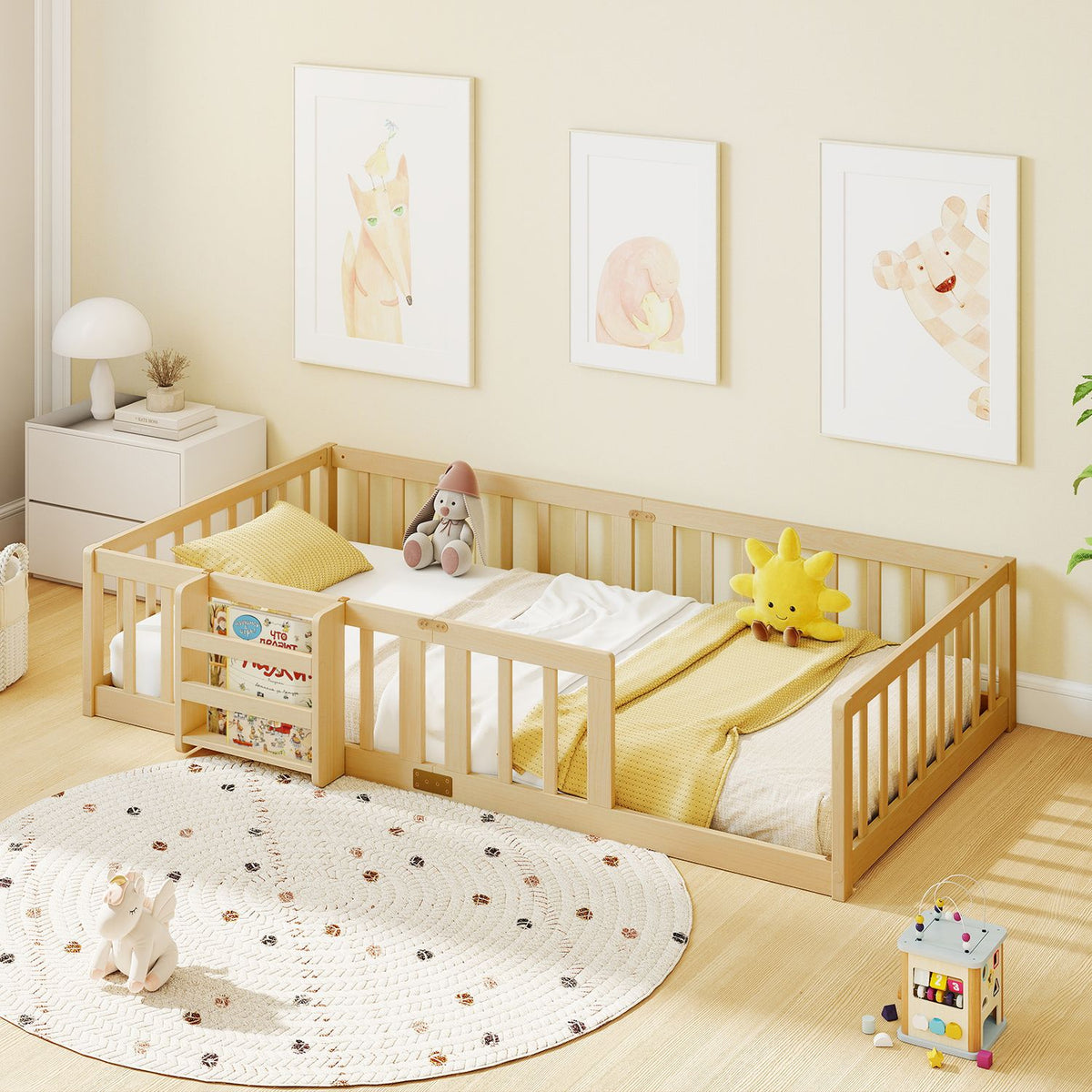 A light wood floor bed with railings and a front bookshelf is styled with bedding and toys.