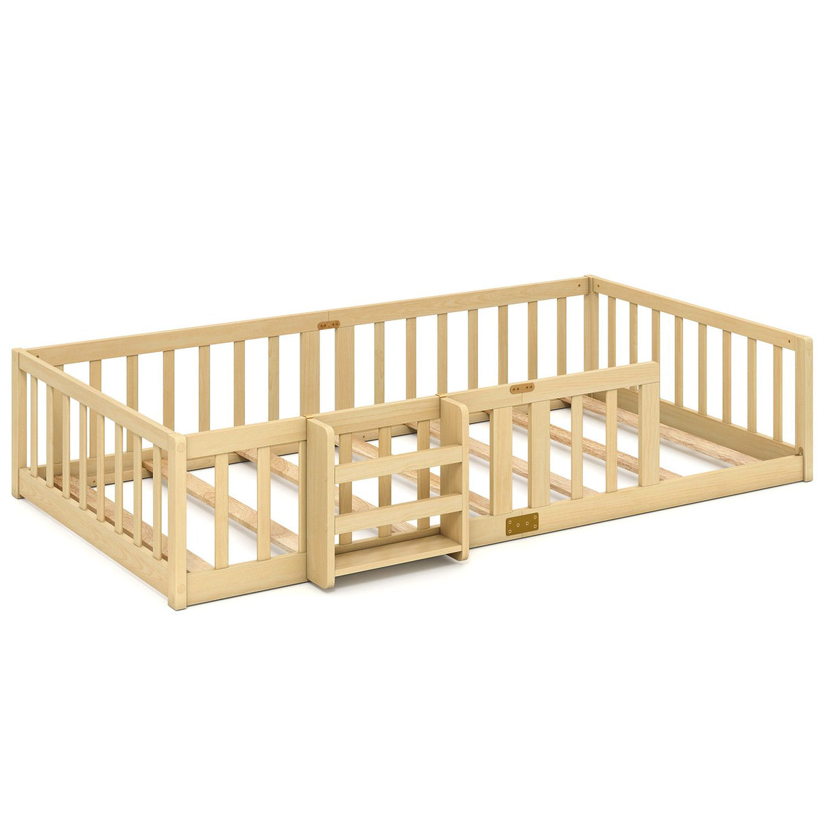 Light wood floor bed shown alone, with safety rails and a small bookshelf built into one side.