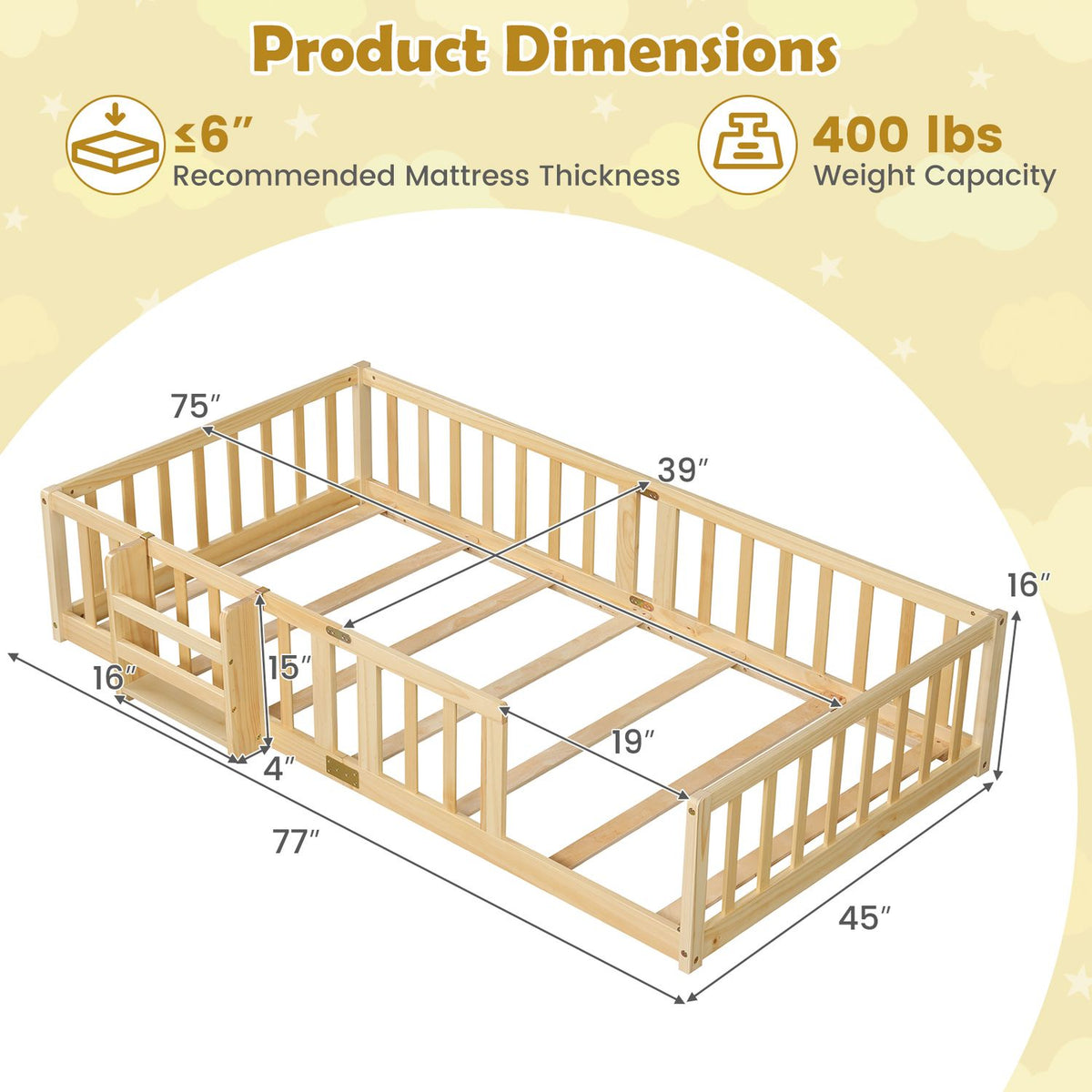 An annotated perspective diagram shows the floor bed, rails, bookshelf, and measurement callouts.