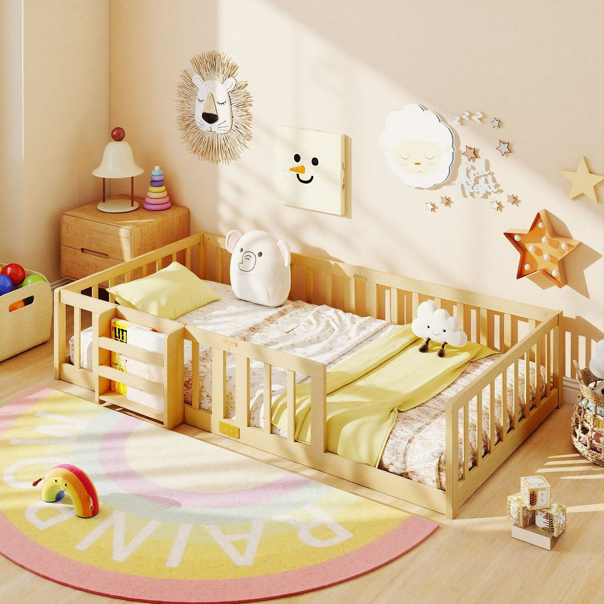 Light wood floor bed with safety rails and a side bookshelf in a bright nursery.