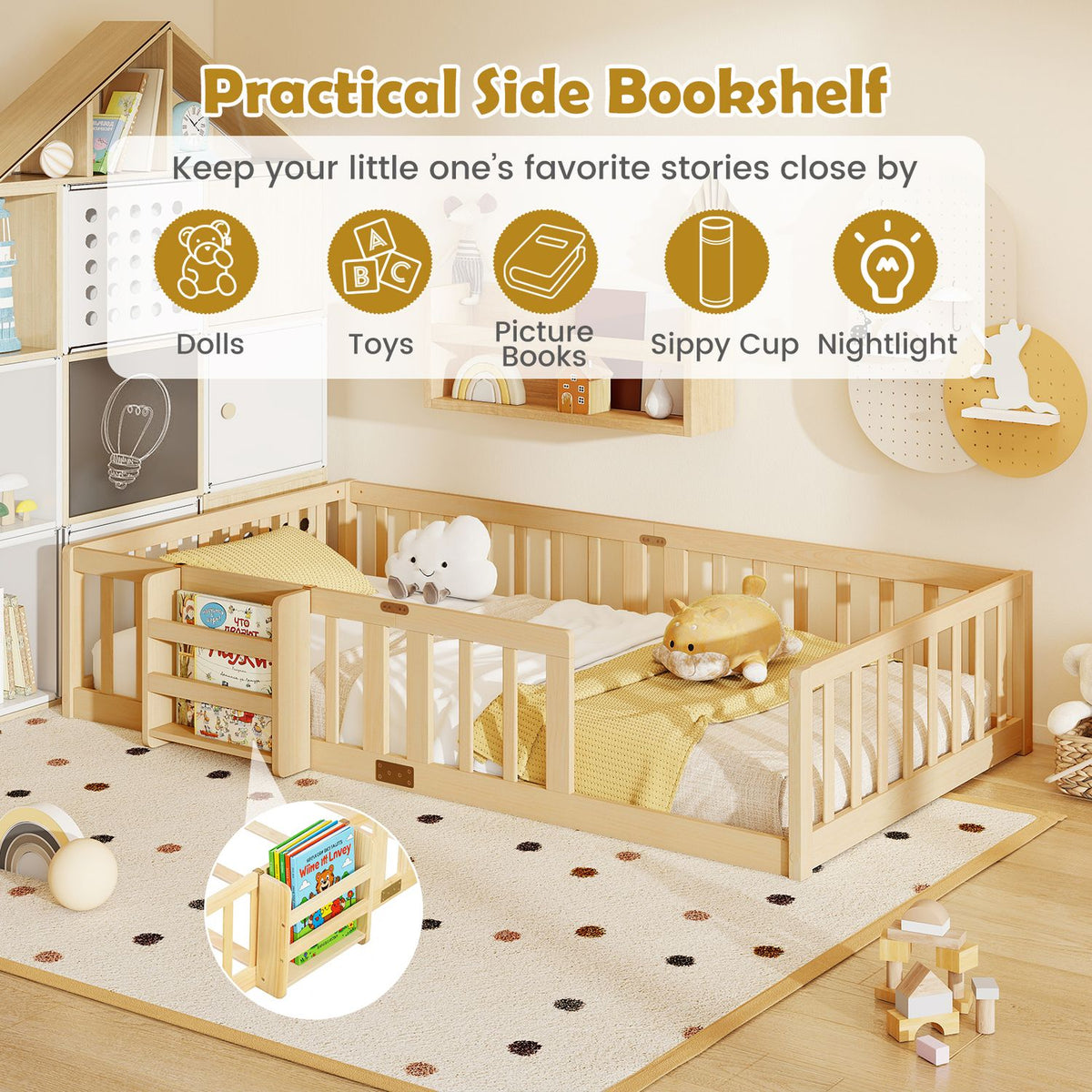 Floor bed beside a small bookshelf holding children's books in a decorated nursery.