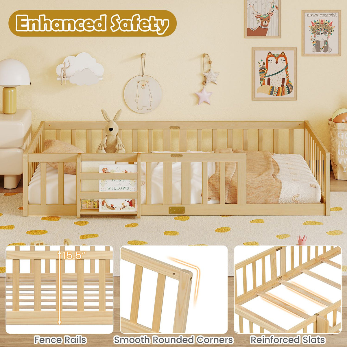 Floor bed with wooden safety rails, alongside close-ups of rounded corners and bed slats.