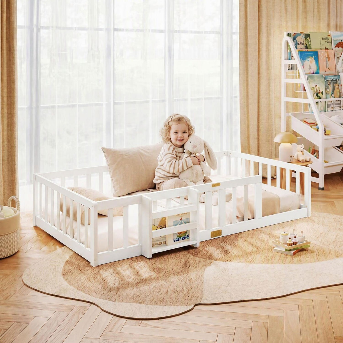 White railed floor bed with a built-in side bookshelf, shown beside a bright window with a child seated on it.