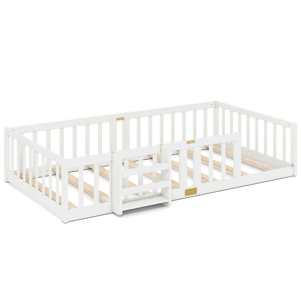 White floor bed with enclosing safety rails, slatted base, and a low bookshelf attached along one side.
