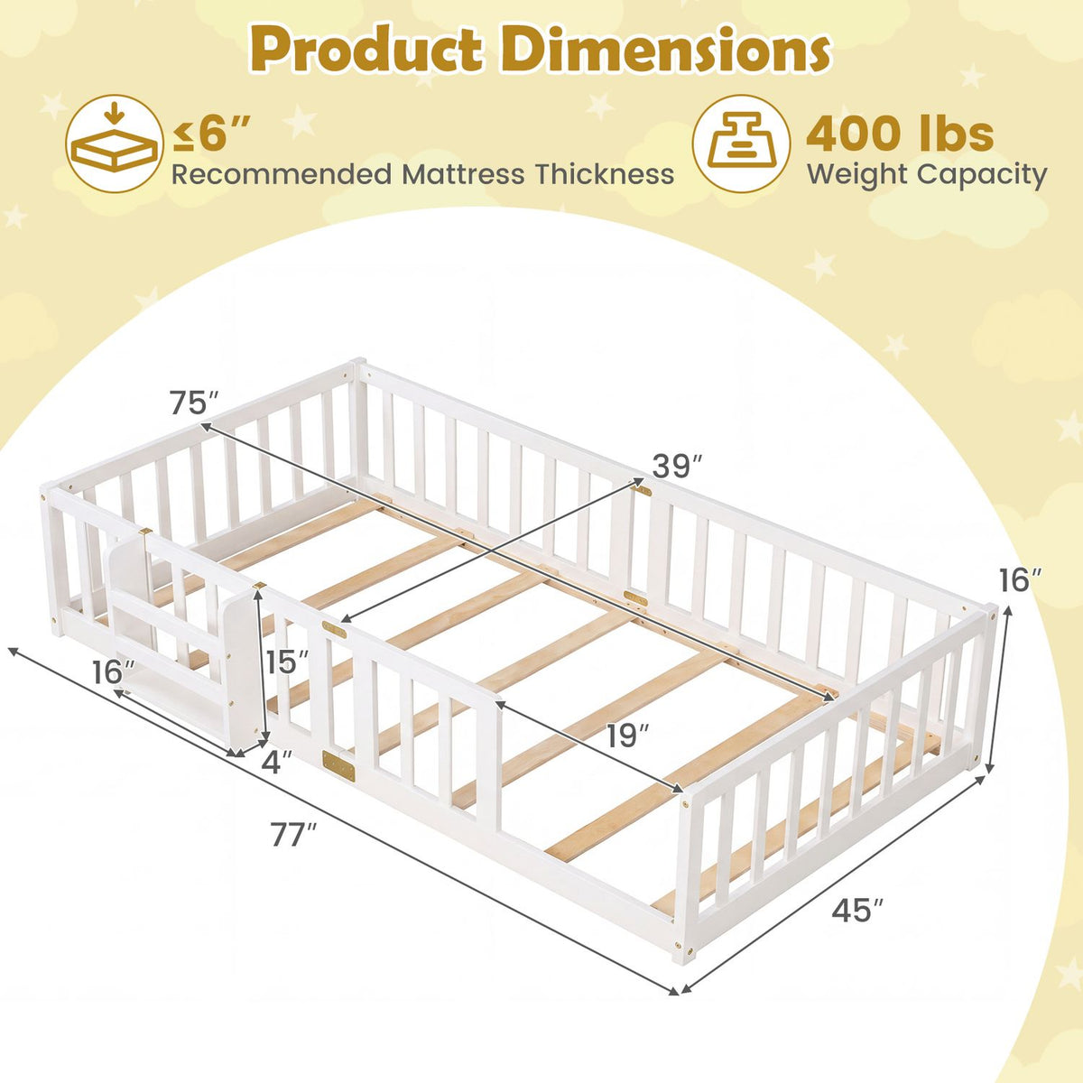 Dimension diagram of a white railed floor bed with a slatted base and measurements marked around it.