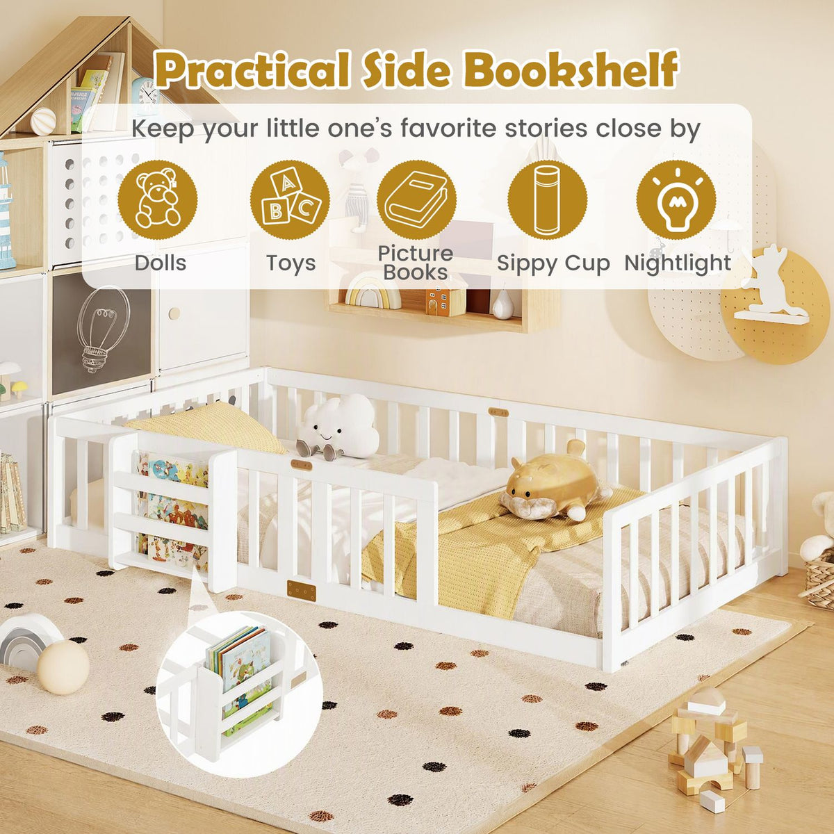 White floor bed beside a small bookshelf holding colorful books, shown in a bright nursery with an inset shelf view.