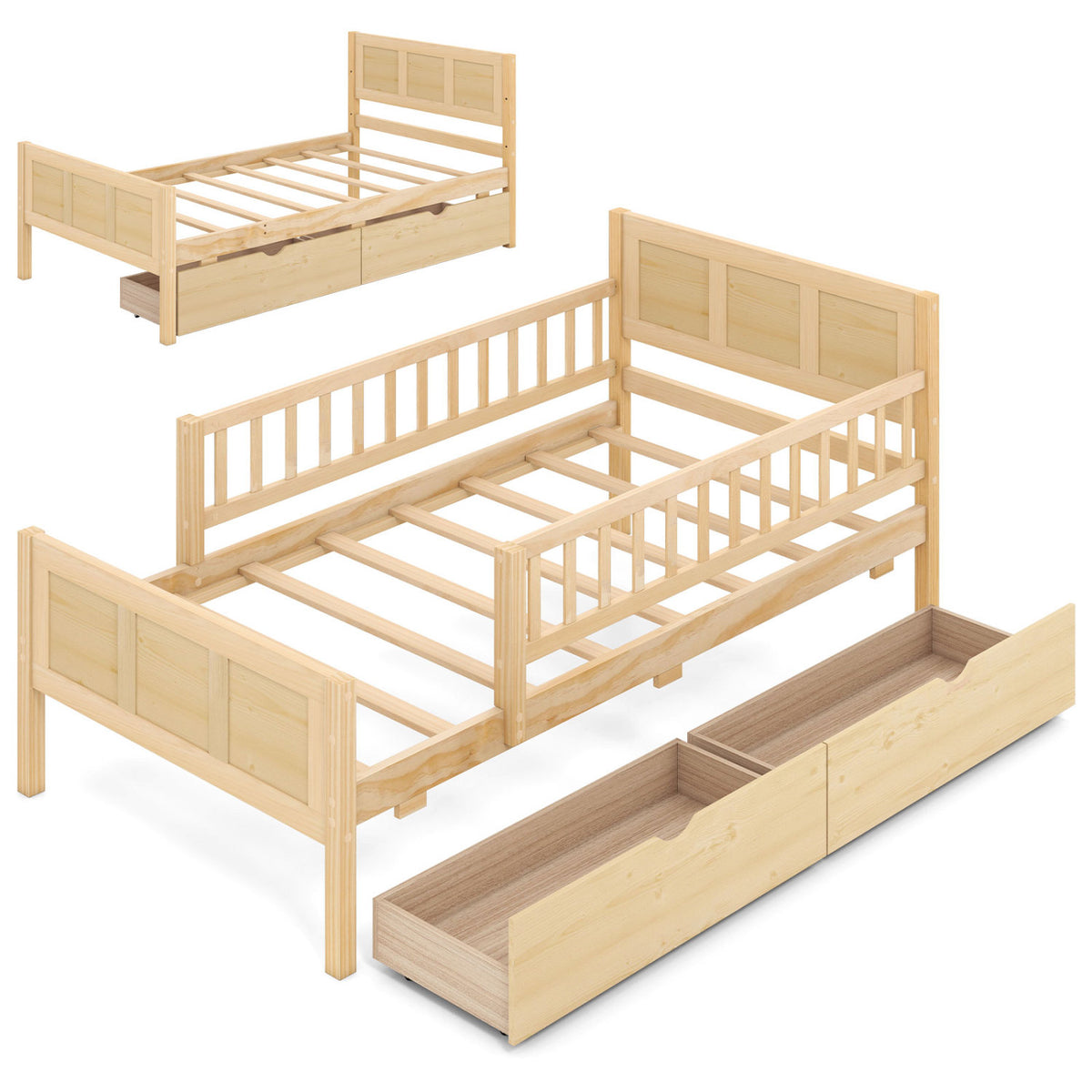 Full Size Bed Frame with Storage Drawers Natural