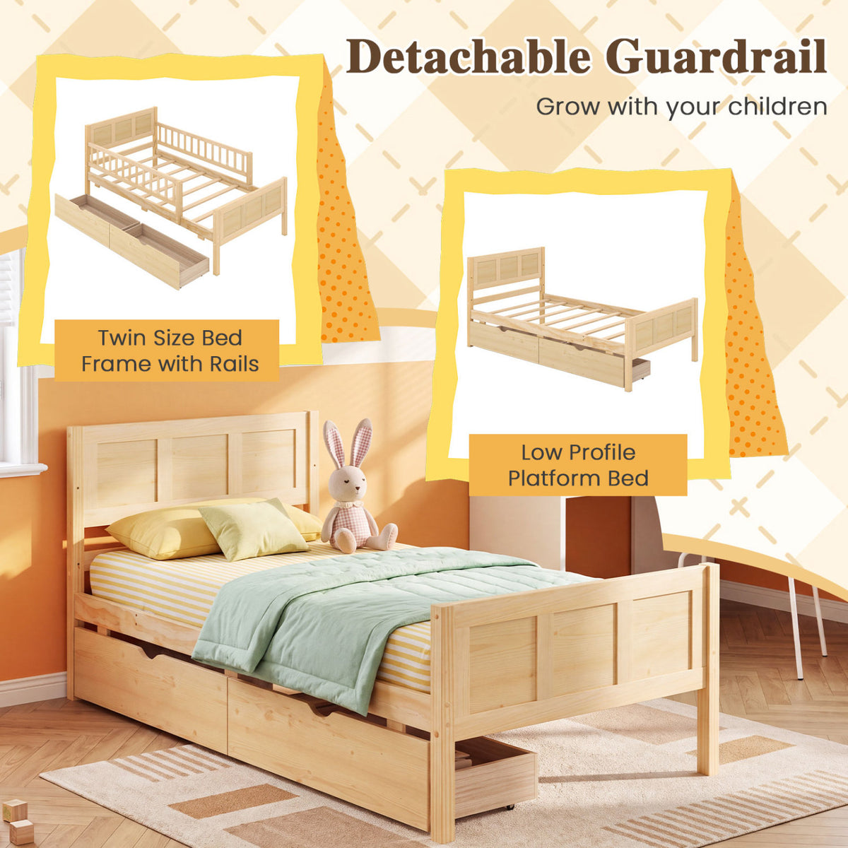 Full Size Bed Frame with Storage Drawers Natural