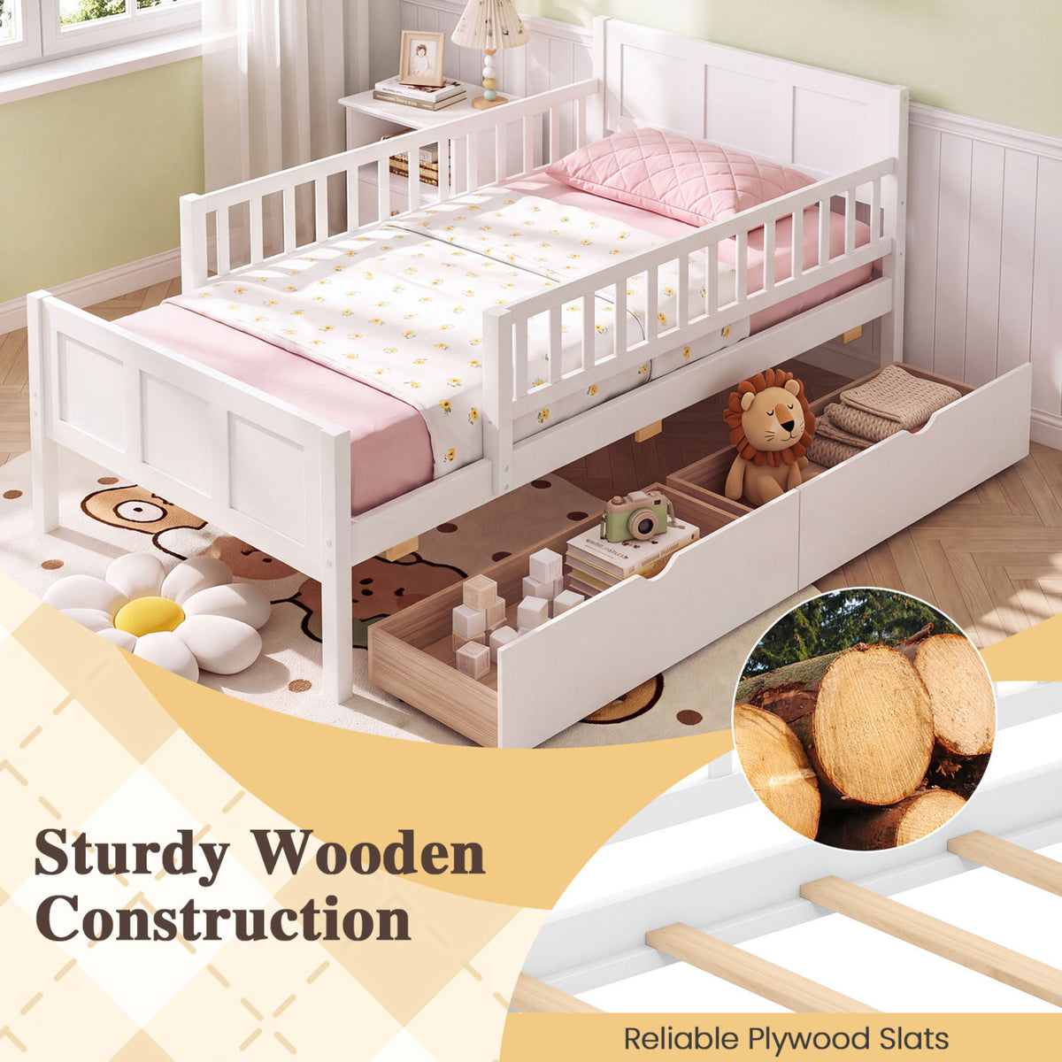 Full Size Bed Frame with Detachable Guardrails White