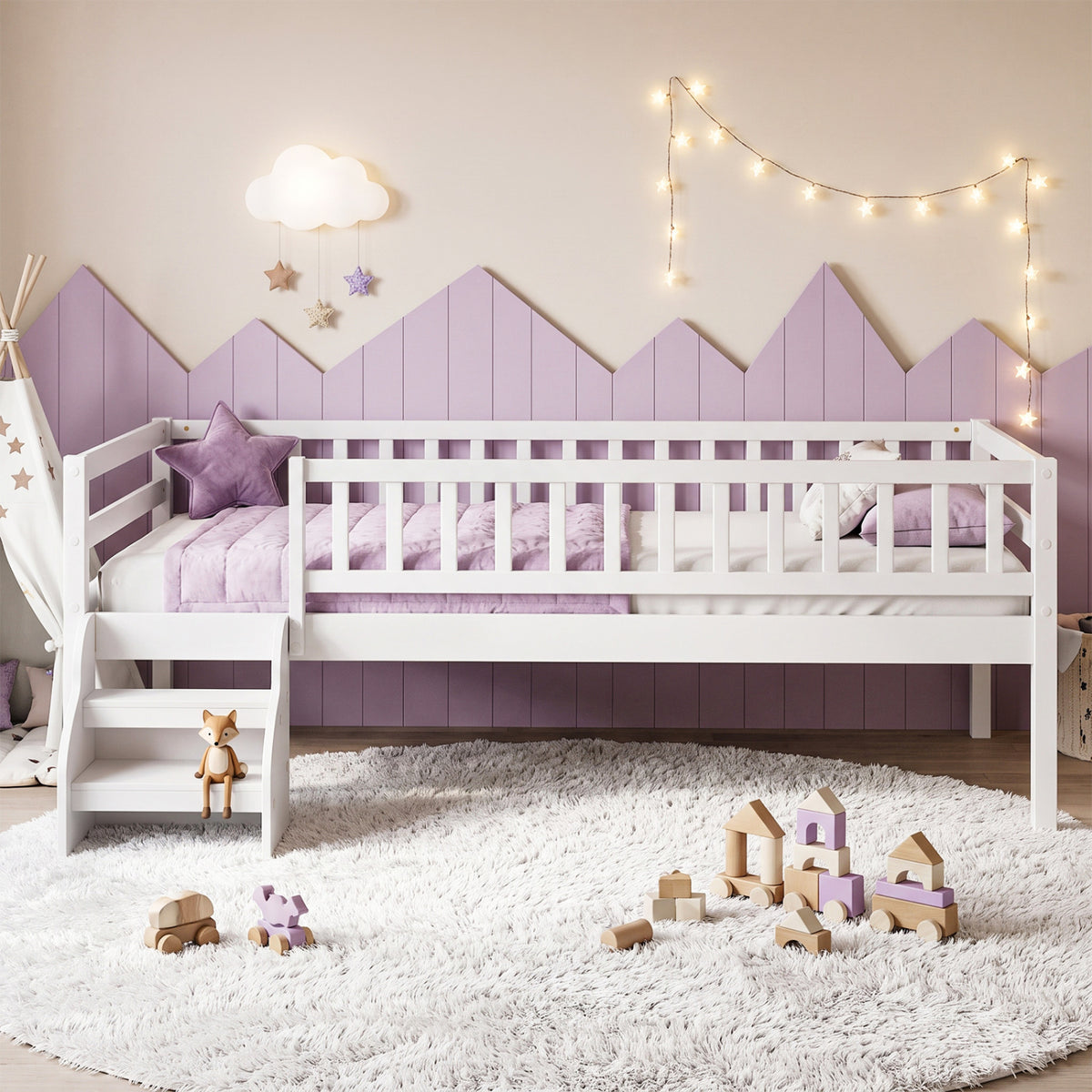 Twin Size Montessori Bed with Stairs and Guardrails