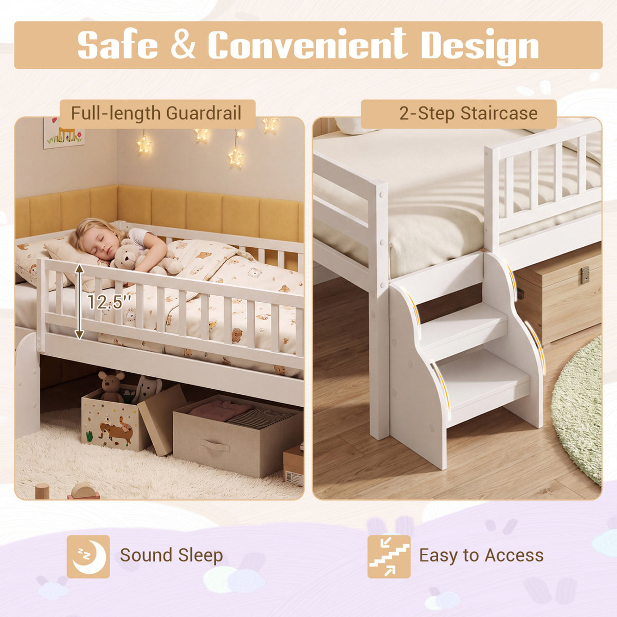 Twin Size Montessori Bed with Stairs and Guardrails