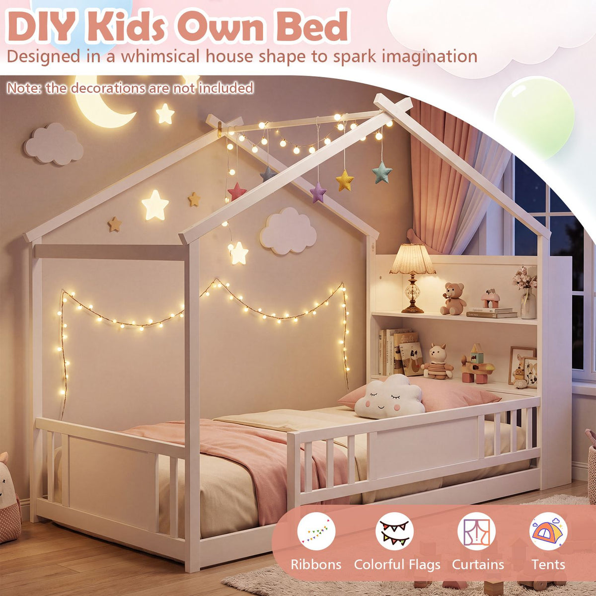 House-frame bed dressed in pink bedding with glowing star lights and colorful hanging decorations.