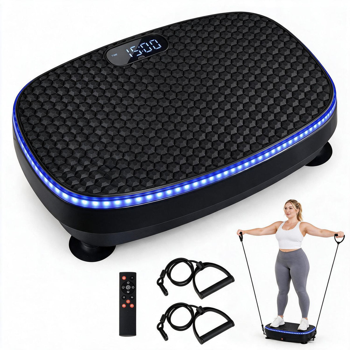 Black vibration plate with a blue light strip, remote, resistance bands, and a woman demonstrating the bands.