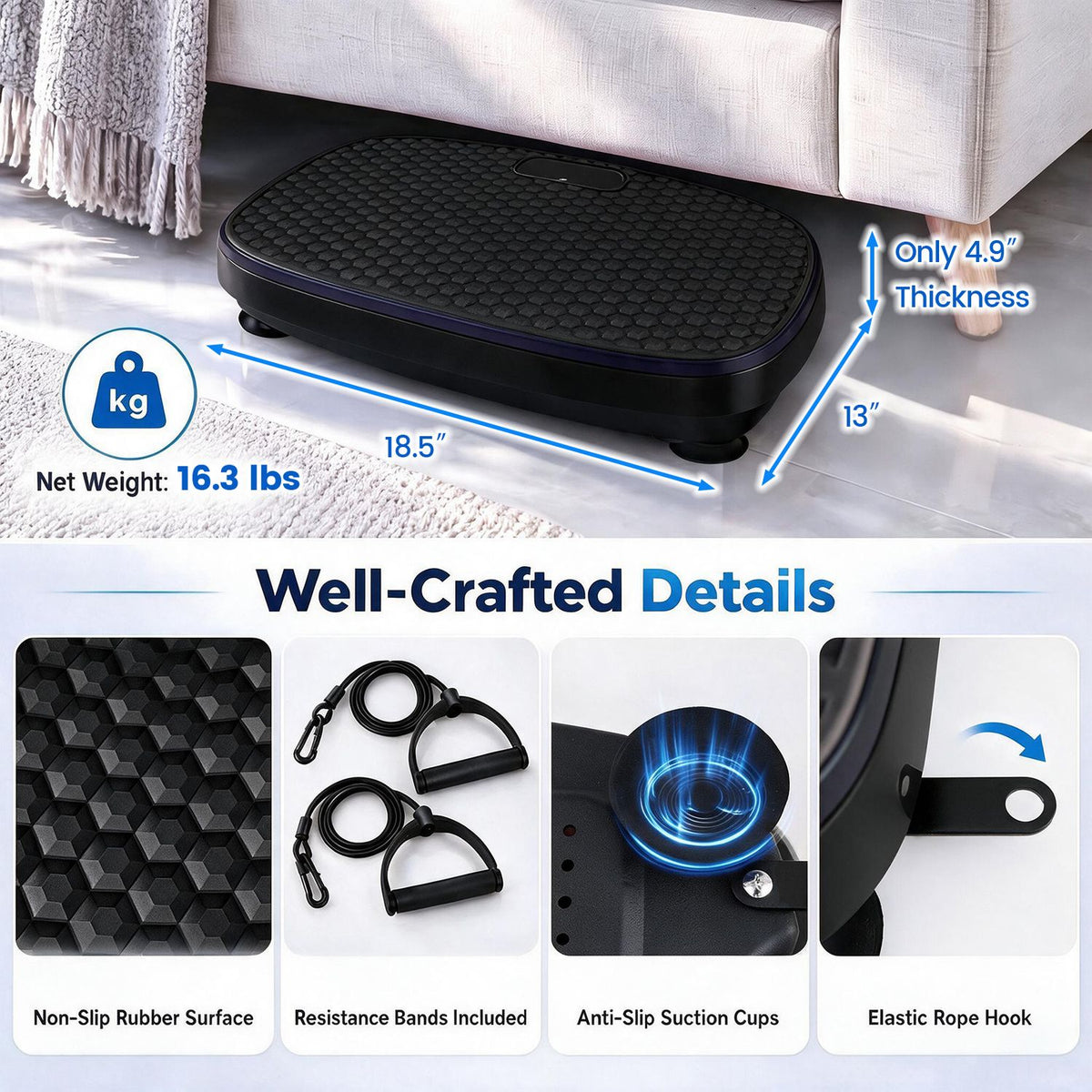 Vibration plate shown beside a sofa, with close-ups of its textured surface, bands, suction cups, and rope hook.