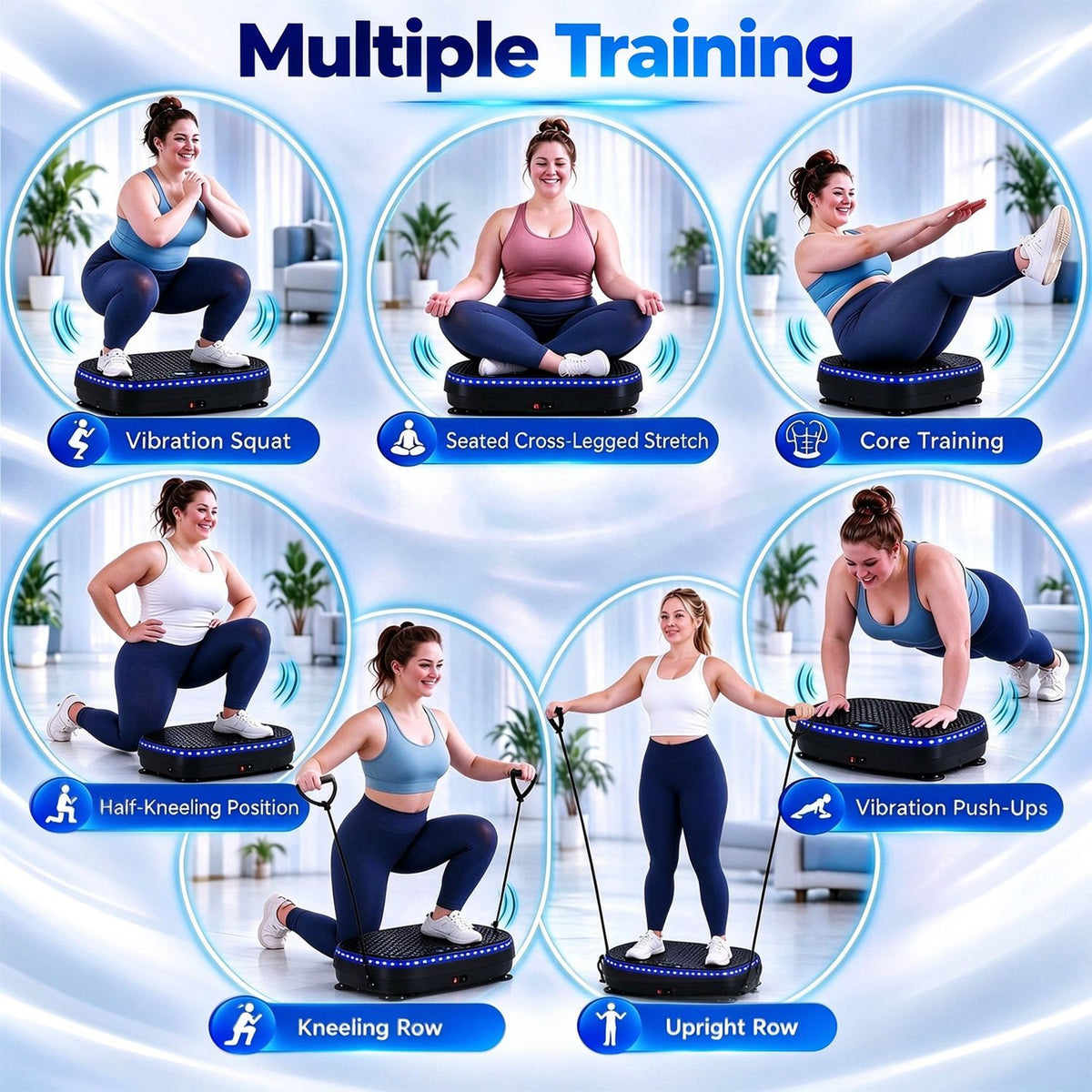 Montage of a woman using the vibration plate for squats, stretches, core work, kneeling rows, and push-ups.
