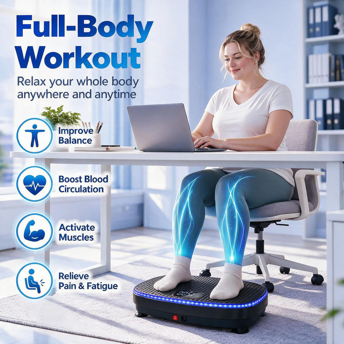 A woman sits at a desk with both feet on a glowing vibration plate.