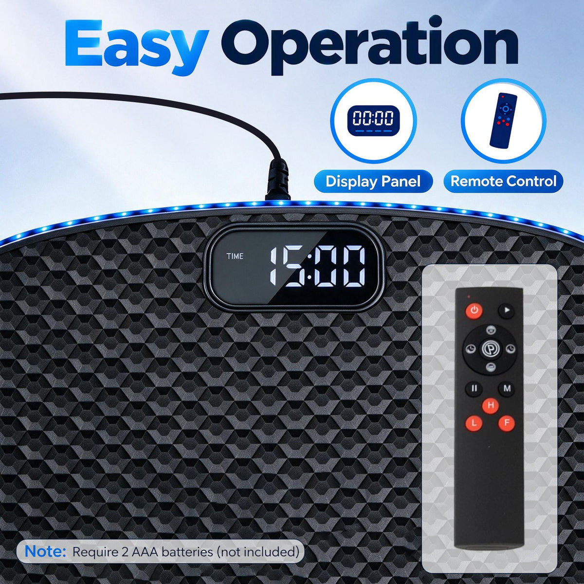 Close-up of the vibration plate’s digital display, with a separate remote control pictured beside it.