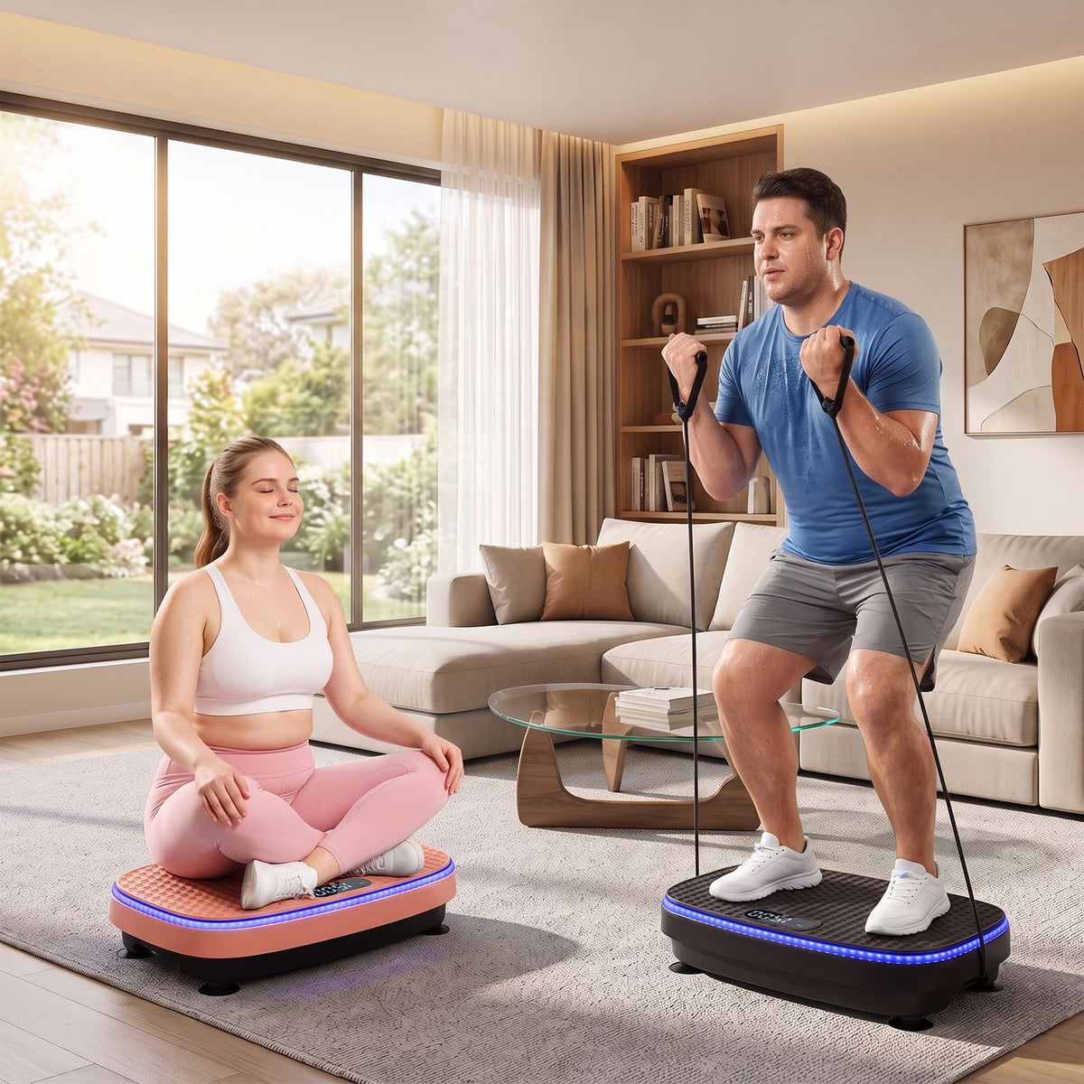Two people exercise on vibration plates in a bright living room, one seated and one standing with resistance bands.