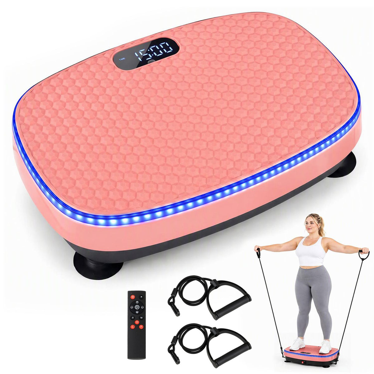 Pink vibration plate with a glowing blue edge, remote, resistance bands, and a woman standing on the platform.