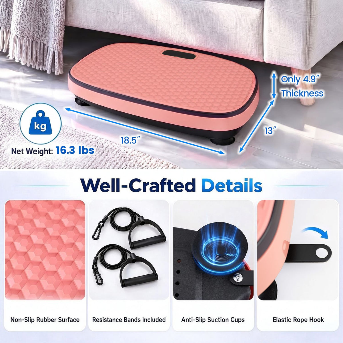 Pink vibration plate shown with close-up panels of its textured surface, resistance bands, suction cups, and rope hook.