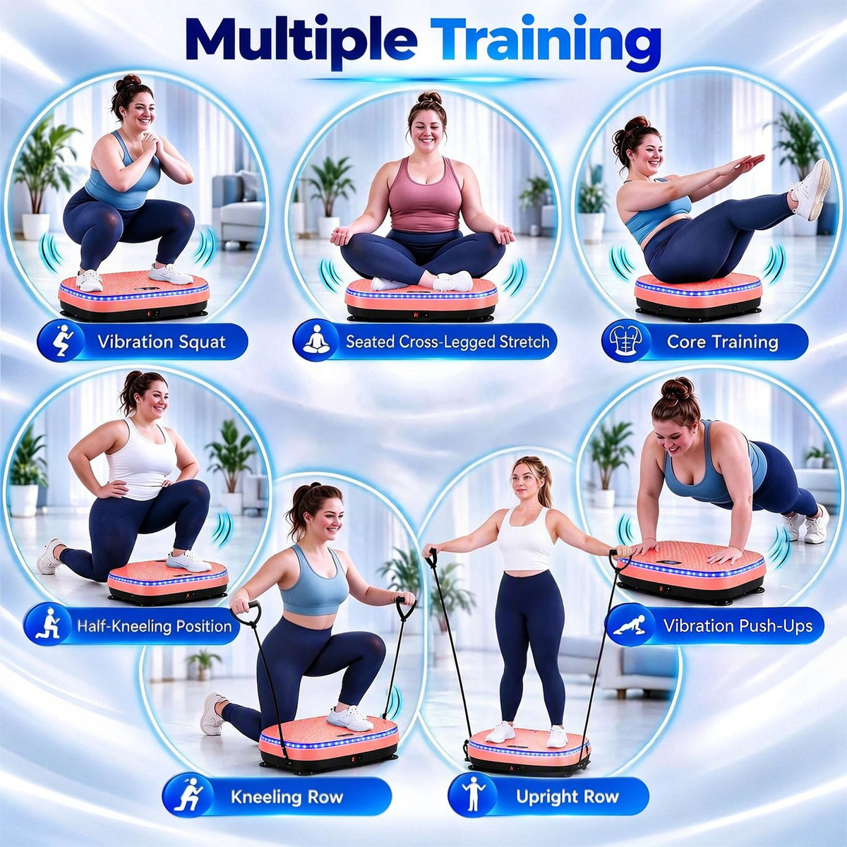 A collage shows a woman using a pink vibration plate for squats, stretches, rows, and other exercises.