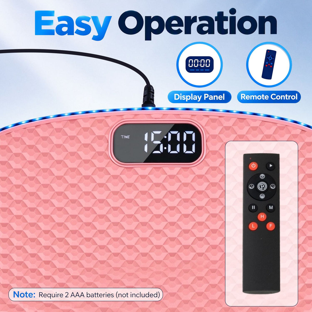 Close-up of the pink vibration plate's digital display and a separate black remote control.