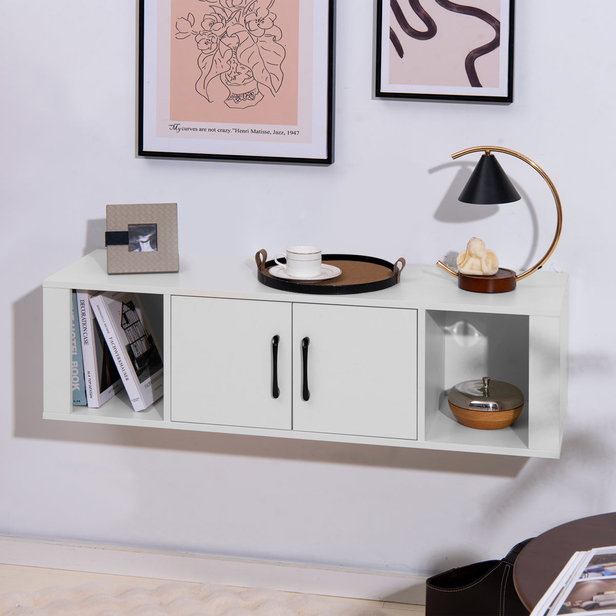 Wall Mounted Floating 2 Door Desk Hutch Storage Shelves