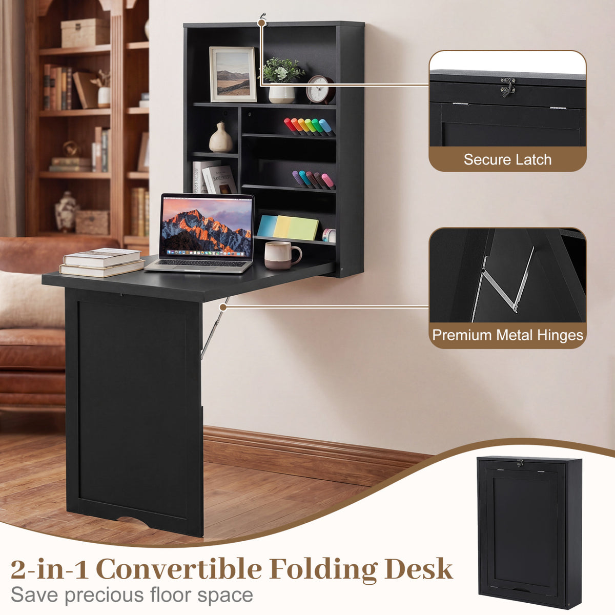 Wall Mounted Fold-Out Convertible Floating Desk Space Saver