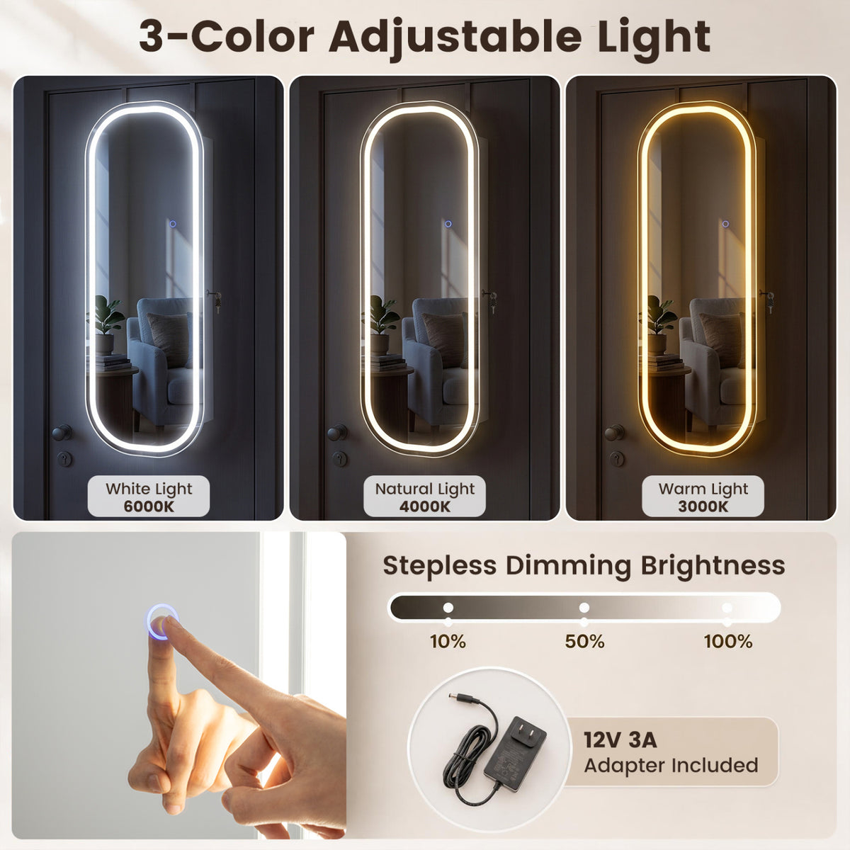 Wall and Door Mounted Mirror Jewelry Cabinet with 3-Color Adjustable Mirror, White