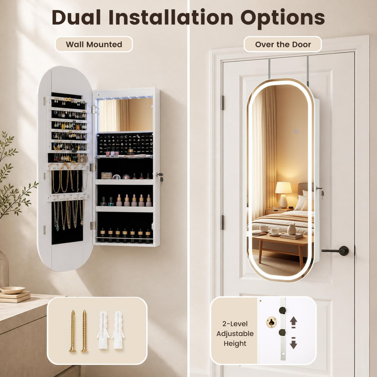 Wall and Door Mounted Mirror Jewelry Cabinet with 3-Color Adjustable Mirror, White